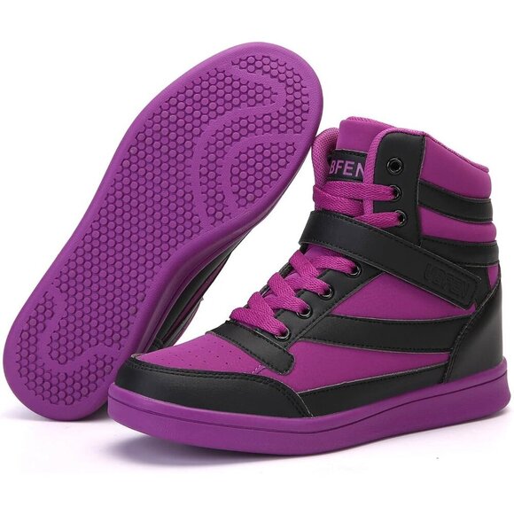 🆕  Black Purple Women's Hidden Wedge Sneakers 5.5cm High Top Platform Booties - Picture 3 of 9